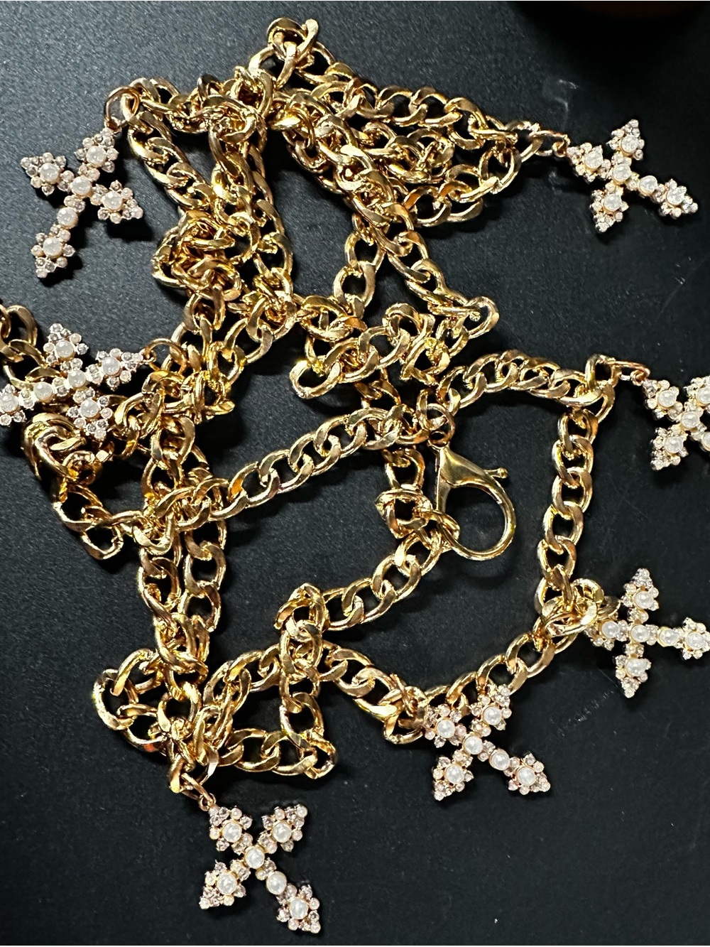 Gold Cross Charm Chain belt - Sparkling Crystal pearl Accents